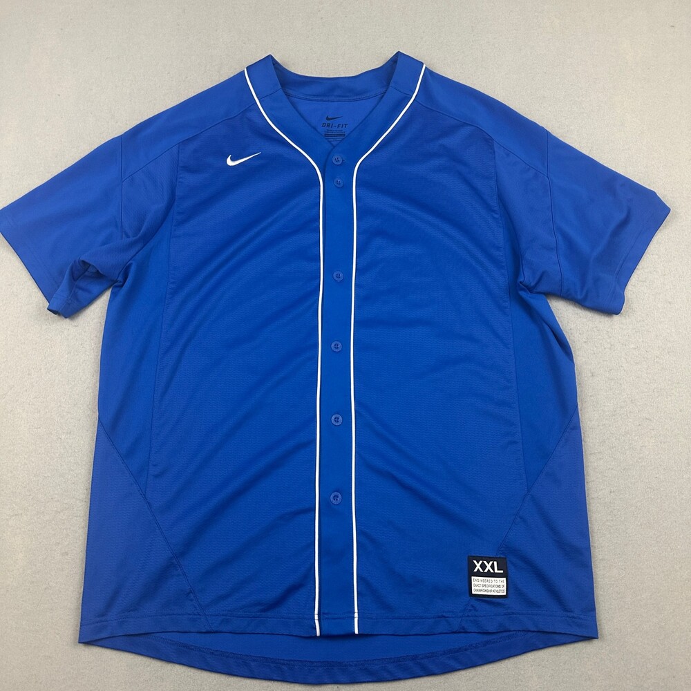Nike Shirt Men 2XL Blue Button Up Short Sleeve Dri Fit Training Baseball XXL